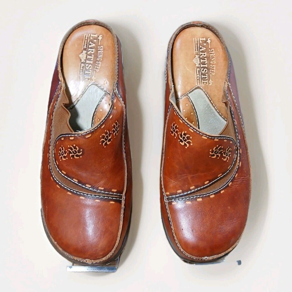 L'Artiste by Spring Step Chino Brown Leather Clog Mules Women's EU Size 37